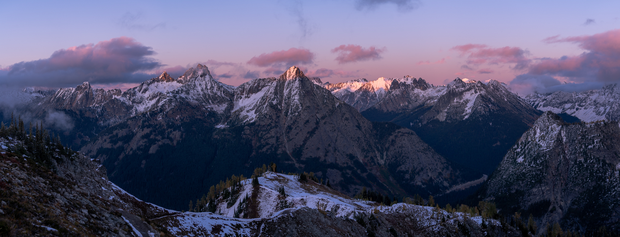 Panoramic Image during a colorful sunset, Maple Pass Trail